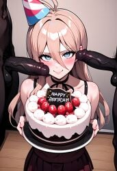 1girls 2boys ai_generated birthday birthday_gift birthday_hat blonde_female blonde_hair blue_eyes blush cock_worship danganronpa danganronpa_v3 dark-skinned_male holding_cake interracial iruma_miu light-skinned_female