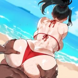 1girls ai_generated artist_request black_hair blush breasts female grey_eyes huge_breasts juuicyai massive_ass massive_breasts momo_yaoyorozu momo_yaoyorozu_(hero_outfit) my_hero_academia smile sweat