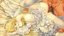 1boy 1girls alice_soft bare_shoulders bed blonde_hair blush breasts censored closed_eyes dress elbow_gloves female game_cg highres in_bed leg_up legs long_hair lying no_panties open_mouth orion_(orionproject) penis princess pussy rance rance_(series) rance_ix sex sheet_grab sheila_helman small_breasts thighs vaginal_penetration white_legwear