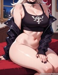 ai_generated balecxi black_choker black_jacket black_lips black_nails bottomless cleavage corrin_(fire_emblem) corrin_(fire_emblem)_(female) female fire_emblem head_out_of_frame indoors large_breasts long_hair navel patreon_username sitting solo tank_top thick_thighs