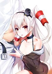 1boy admiral_(kantai_collection) amatsukaze_(kantai_collection) brown_eyes cum cumdrip female hair_tubes handjob henet_hene kantai_collection long_hair long_sleeves looking_at_viewer nipples penis red_legwear school_uniform serafuku silver_hair simple_background solo_focus white_background