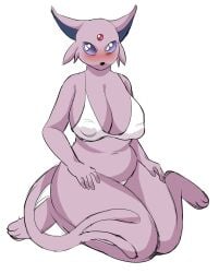 anthro belly big_breasts bikini blue_body blue_fur breasts clothing crystal ears_up eeveelution espeon female forehead_gem fur gem generation_2_pokemon hi_res mokrysha navel nintendo overweight paws pokemon pokemon_(species) puffed_cheeks purple_body purple_eyes purple_fur red_gem shy slightly_chubby slightly_chubby_female solo swimwear tail wide_hips