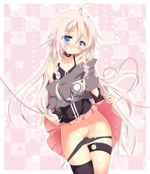 blue_eyes blush cevio chihara_chiharu collar female ia_(vocaloid) long_hair panties panty_pull pink_hair pussy pussy_juice skirt_lift solo standing uncensored vocaloid