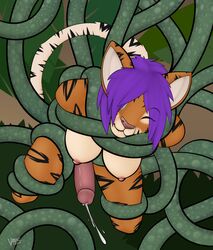 2013 anthro closed_eyes consensual_tentacles cum cum_while_penetrated cumshot dickgirl erection feline hair hi_res intersex mammal nipples nude orgasm penetration penis purple_hair short_hair tentacle tiger vannie