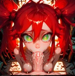 1boy ai_generated cum cum_in_mouth fellatio female gachiakuta green_eyes heart-shaped_pupils male_pov medium_breasts minokai naked_female nipples petite_body red_eyes ringed_eyes riyou_reaper self_upload twintails