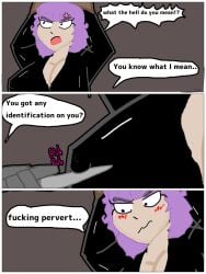 blush cleavage comic corruptedftm_(artist) huge_breasts knife latex nipple_bulge original_character purple_hair ripped_clothing rubbing_nipple story