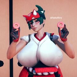 1girls 3d alternate_breast_size asian asian_female big_breasts blizzard_entertainment blush brown_eyes curious donut face_markings female fox_ears fully_clothed funkymery green_hair honey_select honey_select_2 huge_breasts huge_nipples illusion_soft japanese_clothes kiriko_(overwatch) kitsune_mask looking_at_viewer nipple_bulge nipples nipples_visible_through_clothing overwatch overwatch_2 watermark