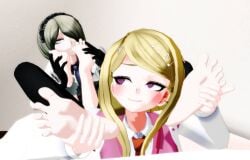 2girls 3d akamatsu_kaede bare_legs bare_soles barefoot blonde_hair blush danganronpa feet female/female female_only foot_fetish foot_massage foot_on_face foot_worship footrub gloves holding_feet indoors light-skinned_female loving_it maid mmd multiple_girls new_danganronpa_v3 on_bed on_stomach purple_eyes rubbing_feet silver_hair soles sucking_toes toe_in_mouth toe_sucking toes toujou_kirumi yuri