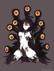 1_eye be_not_afraid beholder black_hair breasts coren_(rahkshi500) cyclops femboy full-length_portrait gazer genitals gyarusatan hair hi_res humanoid kneeling long_hair male mammal monster monster_girl_(genre) monster_penis monstrous_humanoid navel not_furry nude portrait red_eyes slime solo tentacle tentacle_creature white_body wild_hair yellow_sclera