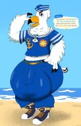 alythewolfcat animal_crossing anthro anthro_only avian beach big_bulge bird buckteeth bulge clothing detailed_bulge english_text femboy genital_outline gull gulliver_(animal_crossing) hi_res huge_bulge hyper hyper_bulge jojo's_bizarre_adventure josuke_higashikata_(jojolion) lari larid male male_only nintendo penis_outline sailor_uniform solo teeth text wide_hips