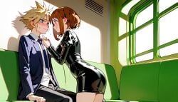 ai_generated awkward awkward_moment awkward_situation blushing_female blushing_male blushing_profusely both_bottoms business_attire cloud_strife dress_up embarrassed embarrassing final_fantasy_vii latex latex_dress latex_suit my_hero_academia nervous public_transportation subway suit suit_and_tie train unsure unsure_dom uraraka_ochako