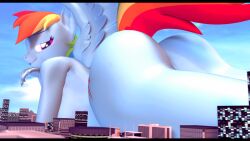 16:9 2023 3d_(artwork) 4k absurd_res anthro anthrofied ass bedroom_eyes big_butt black_border blue_body blue_fur blue_sky border bubble_butt city curvy_figure cutie_mark detailed_background digital_drawing_(artwork) digital_media_(artwork) english_text equid equine eyelashes feathered_wings feathers female fingers fluffy fluffy_tail friendship_is_magic fur hair hasbro hi_res long_tail looking_at_viewer looking_back looking_back_at_viewer lying macro mammal multicolored_hair multicolored_tail my_little_pony mythological_creature mythological_equine mythology narrowed_eyes nude on_front outside pegasus pink_eyes presenting presenting_hindquarters rainbow_dash_(mlp) rainbow_hair rainbow_tail seductive short_hair sky smile solo source_filmmaker_(artwork) tail text themanwithaquest thick_thighs wide_hipped_female wide_hips widescreen wings