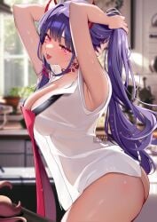 akuma_nihmune armpits arms_up ass bangs blurry blurry_background blush bottomless breasts choker cleavage cowboy_shot depth_of_field earrings female heart jewelry large_breasts long_hair looking_at_viewer multicolored_hair pink_eyes purple_eyes purple_hair see-through shirt sleeveless sleeveless_shirt smile solo squchan sweat thighs tongue tongue_out white_shirt