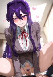 1boy 1girls ai_generated big_breasts blush breasts doki_doki_literature_club female female_focus huge_breasts large_breasts long_hair looking_pleasured on_top purple_eyes purple_hair school_uniform sex yuri_(doki_doki_literature_club)