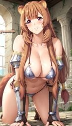 1girls ai_generated almost_visible_pussy alone animal_ears armor armor_gloves armored_dress armored_female bangs belly belly_button big_breasts bikini bikini_armor bikini_bottom bikini_top blush blush_lines blushing_at_viewer blushing_female boots breasts brown_hair cleavage collarbone curvaceous curvy curvy_body curvy_female curvy_figure detailed escueladwaifus female female_focus female_only from_below ground hair hair_between_eyes hair_ornament hanging_breasts hi_res high_resolution highres large_breasts legs light-skinned_female light_skin long_boots long_hair looking_at_viewer off_shoulder on_all_fours outdoors pale-skinned_female pale_skin raccoon_ears raccoon_girl raccoon_tail raphtalia red_eyes removing_clothing removing_panties shaved_crotch shaved_pussy sidelocks sky smile smile_at_viewer smiling smiling_at_viewer smooth_skin solo tail