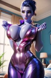 3d ai_generated blizzard_entertainment bursting_breasts embarrassed huge_breasts looking_down overwatch overwatch_2 tight_clothing widowmaker