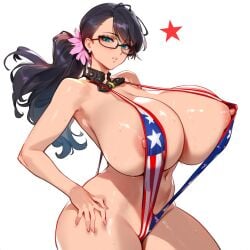 1girls ai_generated american_flag_bikini areolae cattleya curvy gigantic_breasts huge_ass huge_breasts large_areolae mature_female nipples queen's_blade slingshot_swimsuit thick_thighs