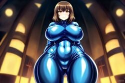 ai_generated big_ass big_breasts big_thighs chara latex metroid red_eyes samus_aran_(cosplay) short_hair undertale zero_suit_samus_(cosplay)