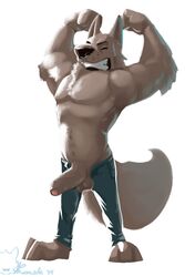 1boy 2014 abs anthro balls biceps big_penis canine chest_tuft erection exlof flexing fur furry jeans male male_only mammal penis plain_background pose solo teeth topless tuft uncut white_background wolf