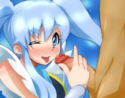 1boy 4shi :p blue_eyes blue_hair blush censored clothing cure_princess female handjob happinesscharge_precure! long_hair looking_at_viewer magical_girl mosaic_censoring penis precure pretty_cure shirayuki_hime solo_focus tied_hair tongue tongue_out twintails wink