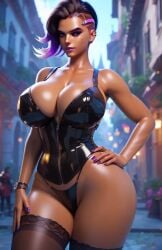 ai_generated hand_on_hip huge_breasts looking_at_viewer overwatch overwatch_2 seductive sombra stockings thighs