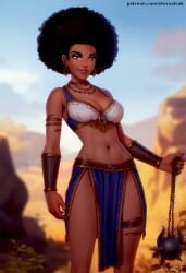 african afro ai_generated babe badass blue_sky cleavage cute dark-skinned_female dark_skin eternal_oak mace not_porn outdoors outside ready_for_battle sfw