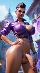 3d ai_generated big_breasts big_penis dominant futanari hand_on_hip looking_at_viewer overwatch overwatch_2 sombra thick_thighs