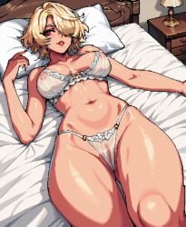 ai_generated ariels blonde_hair female female_only guilty_gear guilty_gear_strive kezime_style laced_underwear lingerie mayihavesomeslops on_bed pixel_art tasteful_nudity thighs