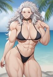 1girls ai_generated ambrose beach big_breasts bikini choker cross_earrings dorohedoro earrings long_hair muscular_female noi_(dorohedoro) red_eyes self_upload stable_diffusion thick_thighs white_hair wide_hips