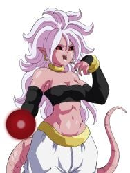 android_21 android_21_(evil) arm_support armpits big_breasts black_nails black_sclera black_sleeves black_topwear curly_hair digital_art digital_drawing digital_drawing_(artwork) digital_media digital_media_(artwork) digital_painting_(artwork) dragon_ball dragon_ball_fighterz dragon_ball_legends energy_ball fangs golden_belt golden_bracelets golden_collar golden_earrings golden_ring ki_blast long_hair majin_android_21 no_nude open_mouth pink_skin pointy_ears purple_hair red_eyes smiley_face super_dragon_ball_heroes tail villain villainess white_hair white_pants yamidanight