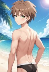 1boy ahoge ai_generated almost_naked almost_nude artist_request ass back back_muscles beach blue_sky blush broad_shoulders brown_hair cloud clouds cute_face danganronpa danganronpa:_trigger_happy_havoc green_eyes half_naked half_nude looking_at_viewer looking_back looking_back_at_viewer muscles muscular muscular_back muscular_male naegi_makoto palm_tree pose posing pretty_boy speedo swimsuit tagme twink twunk