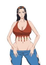 1girls 2012 big_breasts black_hair breasts cameltoe cleavage episode_of_luffy female female_only frilled_top frills jeans kappamappa nico_robin one_piece pants pose posing post-timeskip red_topwear standing sunglasses sunglasses_on_head tinted_eyewear wide_hips