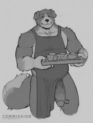 2025 anthro apron apron_aside apron_only arm_tuft baking baking_tray belly biceps big_penis bodily_fluids boomstick_0 canid canine canis chest_tuft cinnamon_bun clothing cooking deltoids domestic_dog dripping elbow_tuft erection food genital_fluids genitals greyscale grin hi_res humanoid_genitalia humanoid_penis male mammal monochrome musclegut muscular muscular_arms pastry pecs penis precum precum_drip shoulder_tuft slightly_chubby smile solo standing throbbing throbbing_penis triceps tuft vein veiny_penis