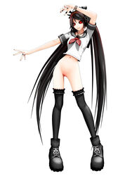 3d black_hair breasts female female looking_at_viewer maeda_koutarou navel original pussy red_eyes school_uniform serafuku solo uncensored