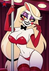 big_breasts bowtie bowtie_collar charlie_morningstar charlie_morningstar_(hazbin_hotel) hazbin_hotel large_breasts long_gloves makerdeviant red_panties stripper stripper_pole tagme thick_thighs thighhighs