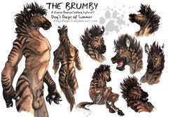 1boy anthro balls blotch brown_fur clothing english_text equine fur hooved_fingers hooves horse hybrid looking_at_viewer male male_only mammal mane model_sheet nipples nude open_mouth penis plain_background sheath shorts sitting solo standing stripes text the_brumby the_dog's_days_of_summer tongue topless white_background yellow_eyes zebra zorse