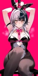 armpits arms_up black_hair bunny_ears bunnysuit hair_ornament hololive hololive_english latex multicolored_hair pantyhose pole rabbit_hole_(cosplay) shiori_novella sweat sweat_clouds teardrop_tattoo virtual_youtuber white_hair