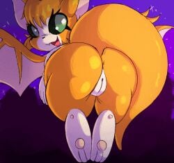 2024 anthro anus ass bat digital_media_(artwork) dust:_an_elysian_tail female feral fidget_(elysian_tail) fur genitals green_eyes lodetail looking_at_viewer looking_back mammal nimbat nude open_mouth orange_body orange_fur pussy smile solo tail