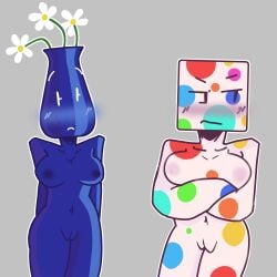 2girls blush crossed_arms humanized its_time_for_the naked_female object_head object_show object_shows polka_dot_(itft) vase_(itft)