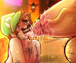 2boys arcomaru arm_hair artist_name blue_eyes blush bowser brown_hair cap chest_hair cum cum_in_mouth digital_media_(artwork) duo excessive_cum face_closeup facial_hair gay hairy_balls half-closed_eyes hi_res huge_cock luigi male male/male mario_(series) moustache nintendo nipples open_mouth oral penis size_difference super_mario_bros._(2023_film) tears tongue tongue_out