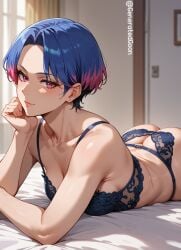 ai_generated big_ass big_breasts blue_hair dyed_hair emo hourglass_figure laying_on_stomach lingerie pink_eyes pink_highlights seductive short_hair