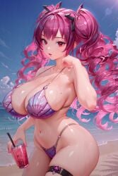 1girls ai_generated beach bikini breasts female female_only goddess_of_victory:_nikke hair_between_eyes huge_breasts large_breasts pale-skinned_female pale_skin papillon_(nikke) pink_hair red_eyes twintails wavy_hair