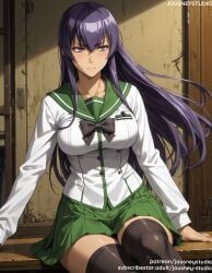 ai_generated bangs black_bow black_hair black_legwear black_thighhighs blush bow bowtie breasts busujima_saeko closed_mouth clothing female green_sailor_collar green_skirt hair_between_eyes highschool_of_the_dead indoors jousneystudio large_breasts legwear long_hair long_sleeves looking_at_viewer miniskirt pleated_skirt purple_eyes purple_hair saeko_busujima sailor_collar school_uniform serafuku shirt sitting skirt solo thighhighs thighs uniform white_shirt zettai_ryouiki