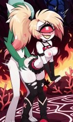 ai_generated anal_sex blonde_hair bra breasts breasts_out cartoony cherri_bomb cherri_bomb_(hazbin_hotel) coral_pink_hair crossover cyclops demon demon_girl devil_girl doggy_style fangs female flame freckles gallade happy hazbin_hotel heels hell_fire holding_ass jiggling_breasts male male/female male_pokemon moving_breasts multicolored_hair nintendo pale_skin pokemon pokemon_(species) pokephilia ponytail red_eyes sharp_teeth short_skirt smile standing_doggy_style standing_sex tight_clothes tights torn_clothes white_skin x_eyes