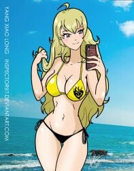 1girls bikini bikini_bottom bikini_bottom_only bikini_only bikini_top bikini_top_only blonde_hair female female_only female_solo holding_phone inspector97 long_hair only_female rooster_teeth rwby solo solo_female solo_only yang_xiao_long yellow_bikini_top