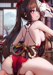 ass back bare_shoulders barefoot blurry blurry_background blush breasts brown_hair closed_mouth depth_of_field dress feet female fox_mask from_behind hair_ornament indoors long_hair looking_at_viewer looking_back mask mask_on_head medium_breasts ponytail purple_eyes sideboob sitting soles solo sparkle_(honkai:_star_rail) squchan thighs twintails very_long_hair wariza