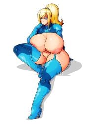 1girls absurd_res annoyed areolae blonde_hair blue_eyes breast_squish breasts functionally_nude high_heels huge_breasts looking_away navel nipples one_leg_up ponytail pussy samus_aran sidelocks sitting thick_thighs thigh_boots wide_hips witchking00 zero_suit zero_suit_samus