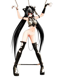 arms_up black_hair bondage breasts chains collar cuffs female harness leash looking_at_viewer maeda_koutarou original pussy red_eyes solo spreader_bar tattoo tiptoes uncensored vibrator