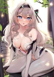 :o areolae artist_name bangs bare_shoulders black_hairband blue_eyes blush bodysuit breasts bug butterfly center_opening cleavage collarbone cosplay day elbow_gloves eyebrows_visible_through_hair female firefly_(honkai:_star_rail) gloves grey_hair hair_between_eyes hairband headband heart-shaped_pupils honkai:_star_rail indoors insects large_breasts leaf long_hair looking_at_viewer navel open_mouth parted_lips plant signature silver_hair sitting solo squchan symbol-shaped_pupils v_arms white_bodysuit white_hair