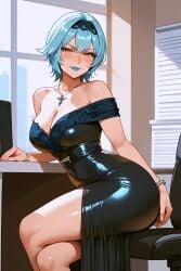 ai_generated ass blue_lipstick blush breasts curvy dress eula_(genshin_impact) genshin_impact hourglass_figure huge_ass lipstick office shiny_skin sitting thick_thighs tight_clothing